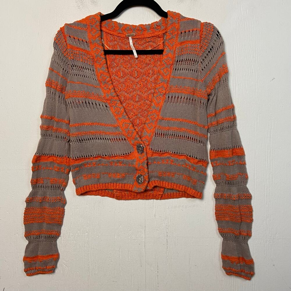 Free People Orange Loose Weave Boho Button Cardigan Sweater Size Small